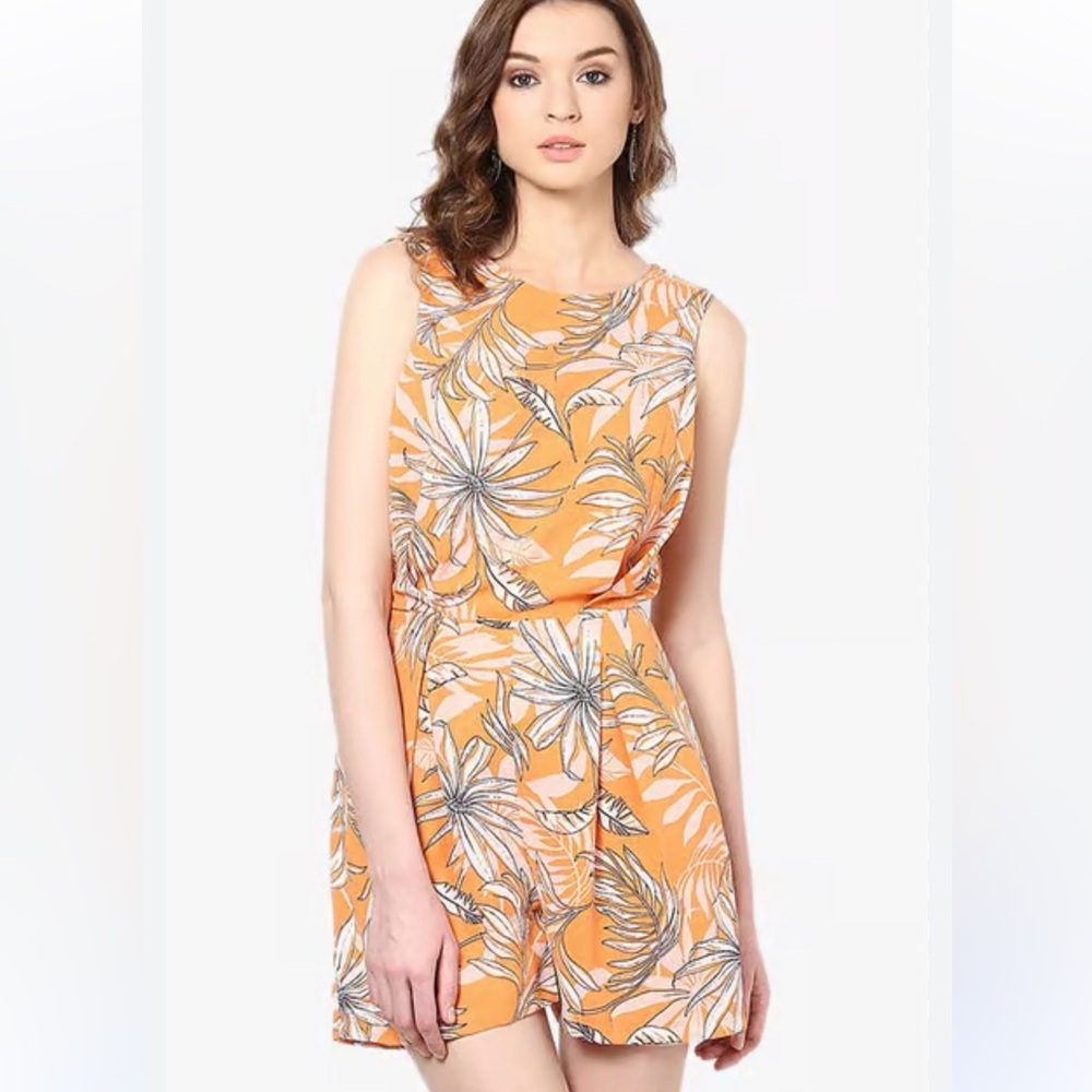 Vero Moda Orange Tropical Print Sleeveless Romper S Blue Lace Back